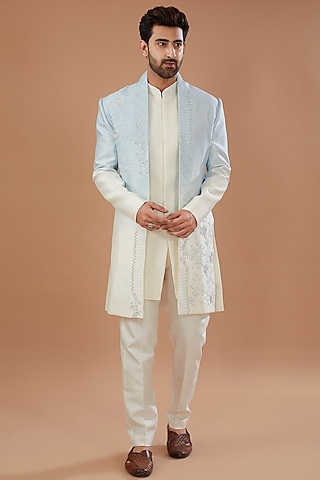 Blue Ombre Silk Indowestern Set by Niloufer by Aasif Ally Men