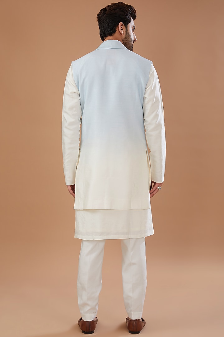 Blue Ombre Silk Embellished Wedding Indowestern Set by Niloufer by Aasif Ally Men at Pernia's Pop Up Shop