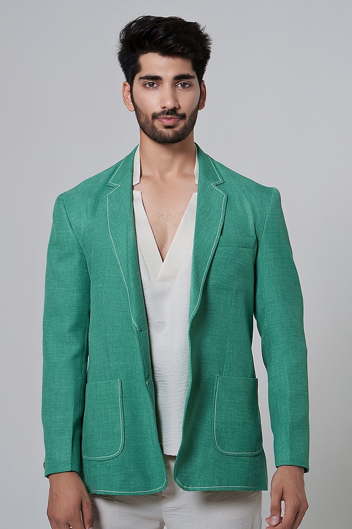 Green Cotton & Linen Blazer by Niloufer By Aasif Ally at Pernia's Pop Up Shop