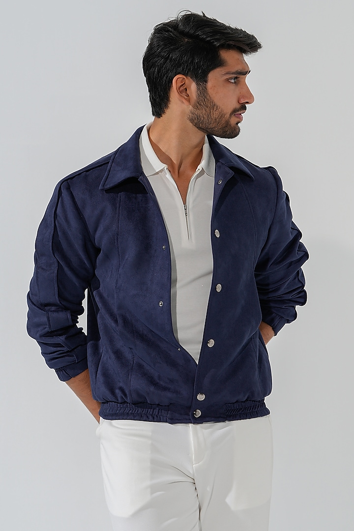 Blue Suede Bomber Jacket by Niloufer By Aasif Ally