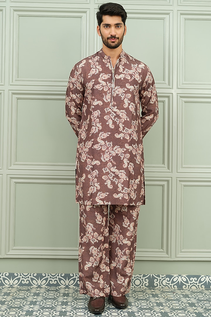 Brown Silk Floral Printed Kurta Set by Niloufer by Aasif Ally Men at Pernia's Pop Up Shop