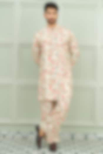 Cream & Red Silk Floral Printed Kurta Set by Niloufer by Aasif Ally Men at Pernia's Pop Up Shop