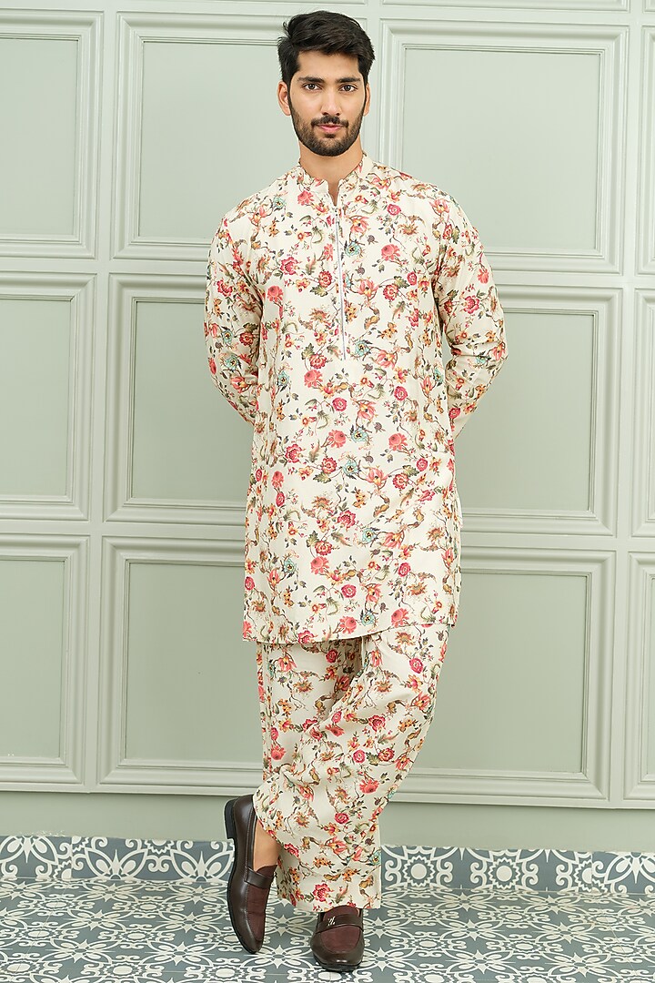 Cream & Red Silk Floral Printed Kurta Set by Niloufer by Aasif Ally Men at Pernia's Pop Up Shop