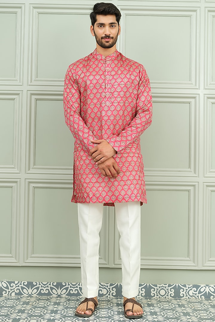 Red Silk Floral Printed Kurta Set by Niloufer by Aasif Ally Men at Pernia's Pop Up Shop