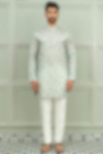 Mint Green Silk Floral Printed Kurta Set by Niloufer by Aasif Ally Men at Pernia's Pop Up Shop