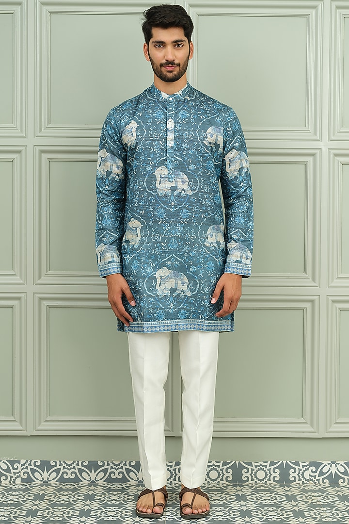 Blue Silk Floral Printed Kurta Set by Niloufer by Aasif Ally Men at Pernia's Pop Up Shop