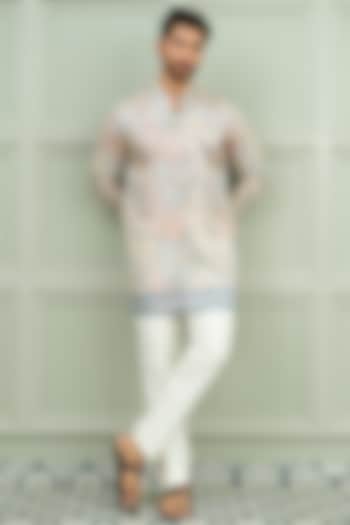 Light Blue Silk Floral Printed Kurta Set by Niloufer by Aasif Ally Men at Pernia's Pop Up Shop