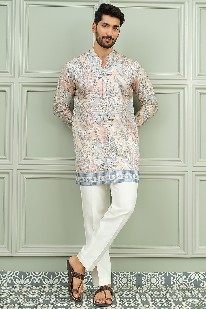 Light Blue Silk Floral Printed Kurta Set by Niloufer by Aasif Ally Men at Pernia's Pop Up Shop