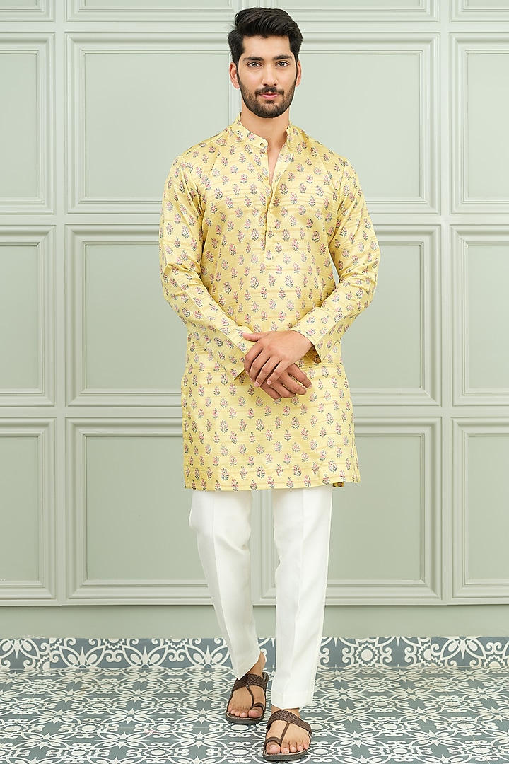 Yellow Silk Floral Printed Kurta Set by Niloufer by Aasif Ally Men at Pernia's Pop Up Shop
