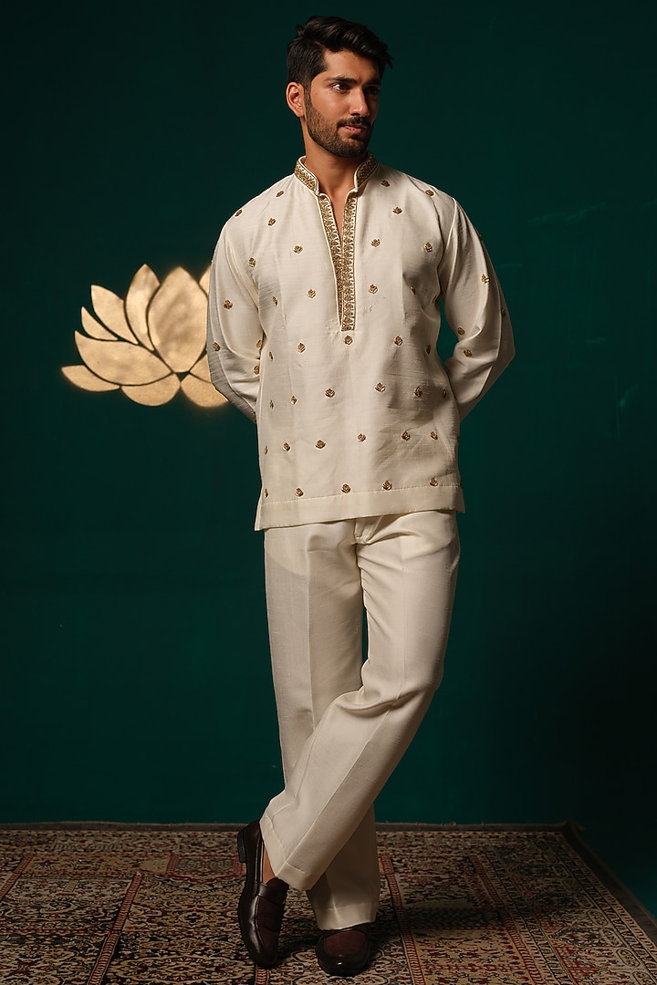Ivory Silk Zardosi Handwork Kurta Set by Niloufer by Aasif Ally Men at Pernia's Pop Up Shop