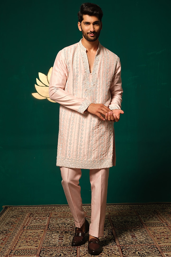 Light Pink Silk Sequin Handwork Kurta Set by Niloufer by Aasif Ally Men at Pernia's Pop Up Shop