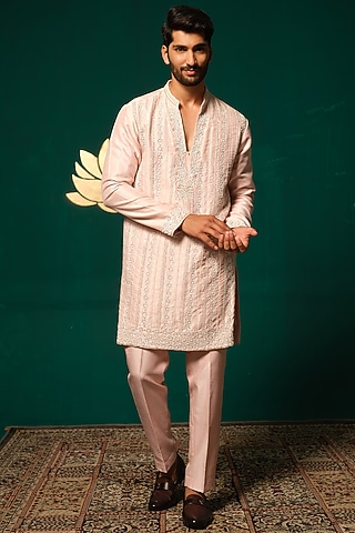 Light Pink Silk Sequin Handwork Kurta Set by Niloufer by Aasif Ally Men