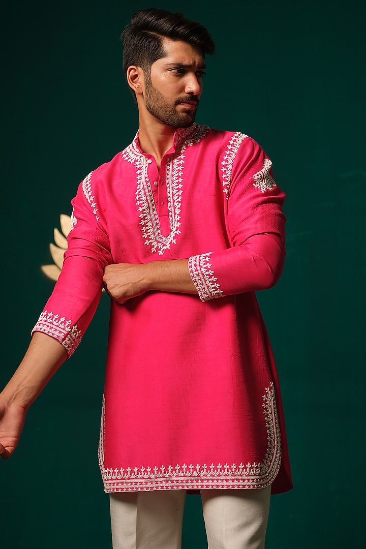 Hot Pink Silk Cutdana Handwork Kurta Set by Niloufer by Aasif Ally Men at Pernia's Pop Up Shop