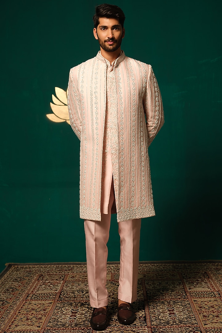 Light Pink Silk Cutdana Handwork Groom Sherwani Set by Niloufer by Aasif Ally Men at Pernia's Pop Up Shop