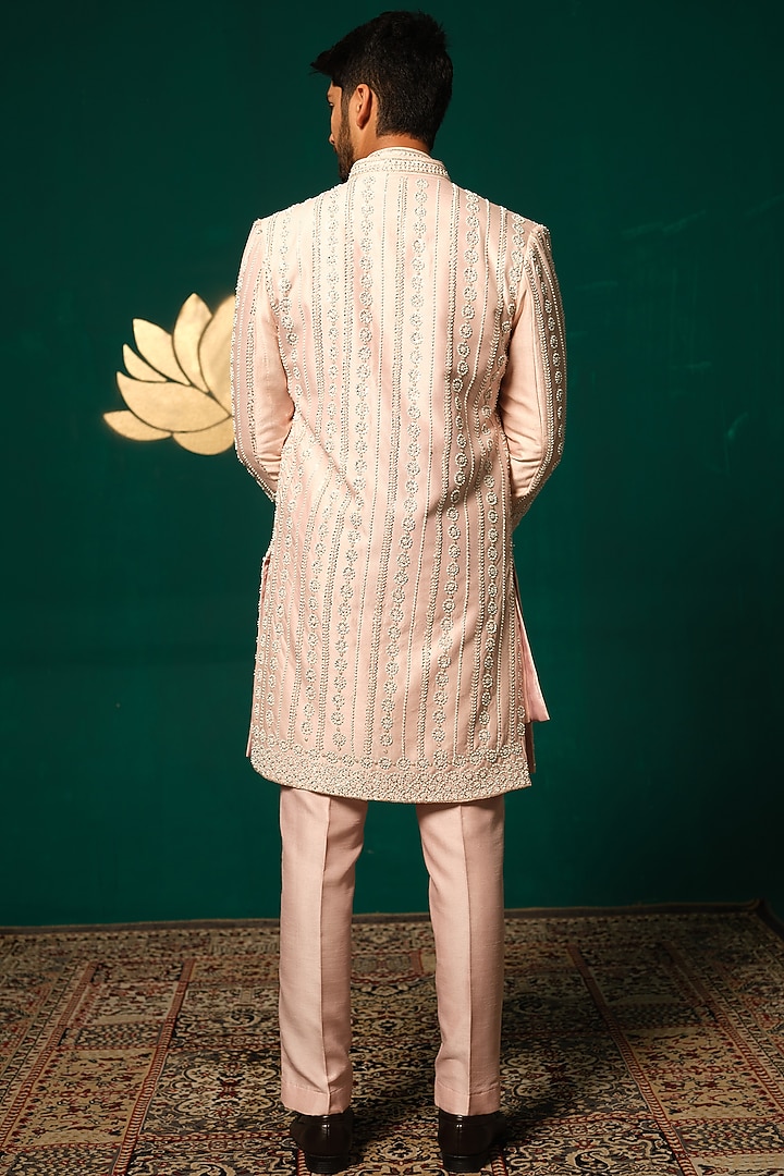 Light Pink Silk Cutdana Handwork Groom Sherwani Set by Niloufer by Aasif Ally Men at Pernia's Pop Up Shop