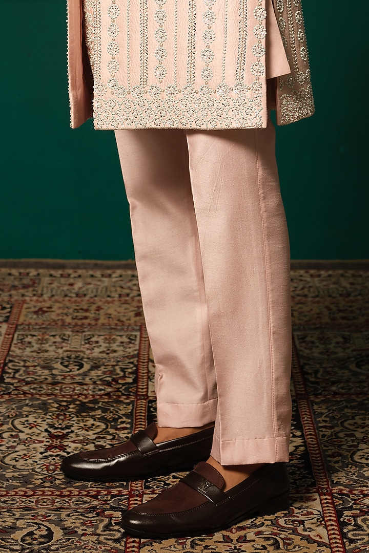 Light Pink Silk Cutdana Handwork Groom Sherwani Set by Niloufer by Aasif Ally Men at Pernia's Pop Up Shop