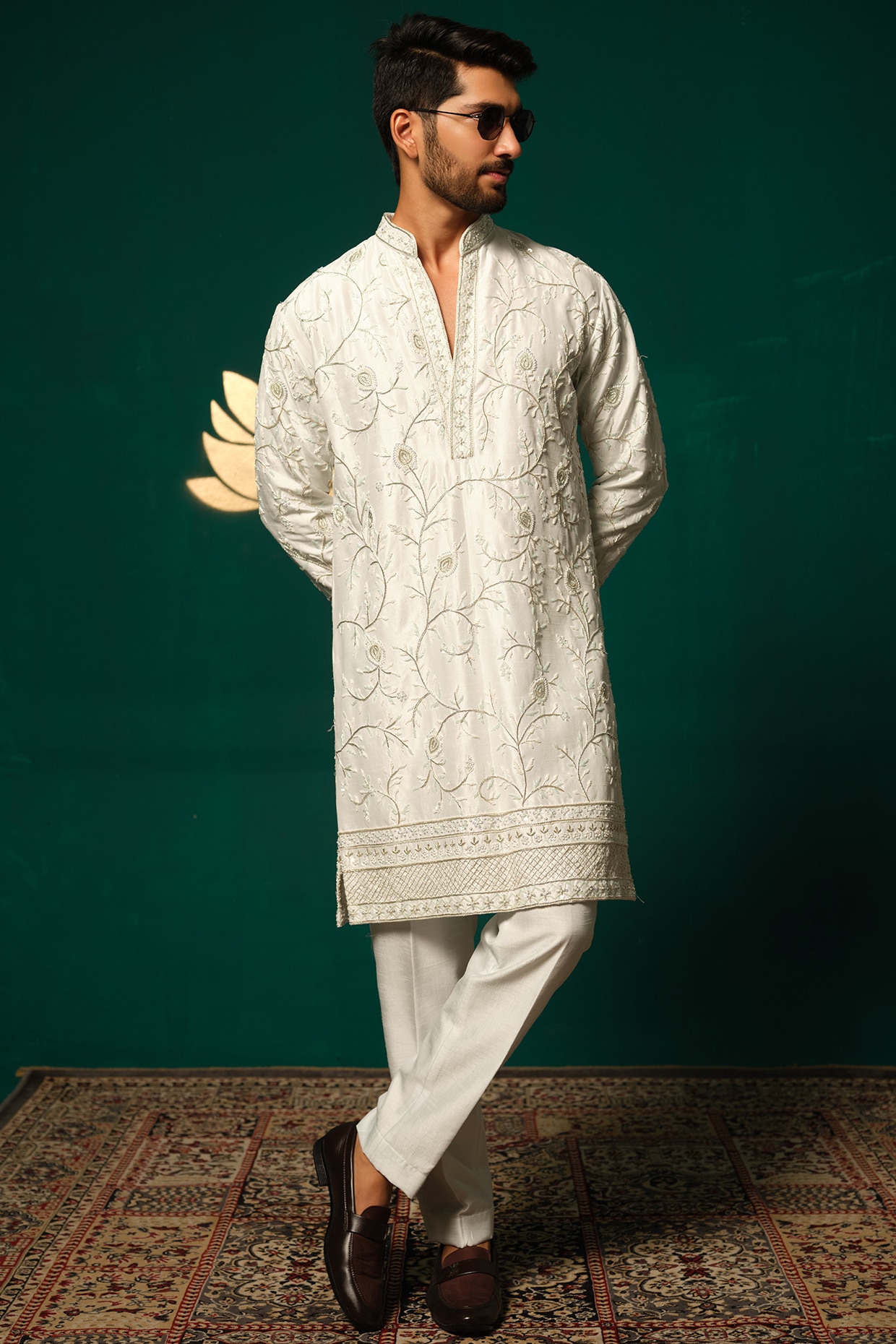 Niloufer by Aasif Ally Sea Green Silk Zardosi Handwork Kurta Set