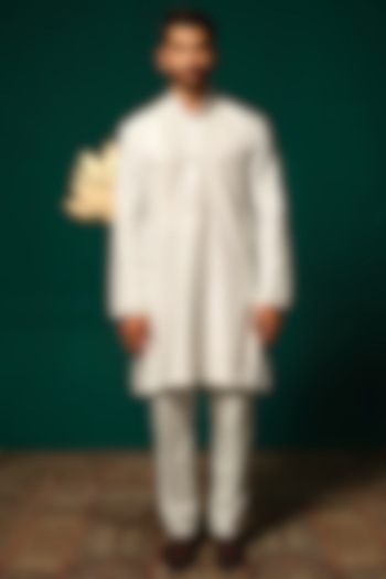 White Silk Zardosi Handwork Kurta Set by Niloufer by Aasif Ally Men at Pernia's Pop Up Shop