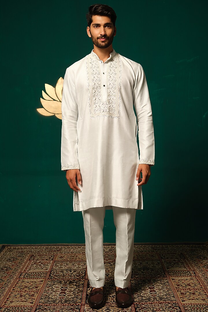 White Silk Zardosi Handwork Kurta Set by Niloufer by Aasif Ally Men at Pernia's Pop Up Shop