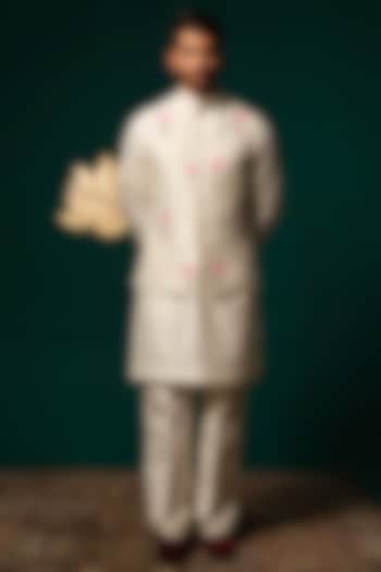 White Silk Handpainted & Handwork Nehru Jacket Set by Niloufer by Aasif Ally Men at Pernia's Pop Up Shop
