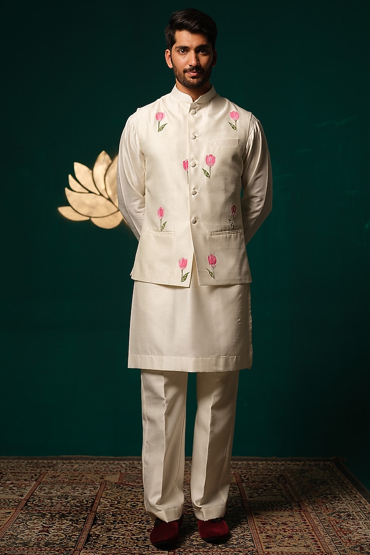 White Silk Handpainted & Handwork Nehru Jacket Set by Niloufer by Aasif Ally Men at Pernia's Pop Up Shop