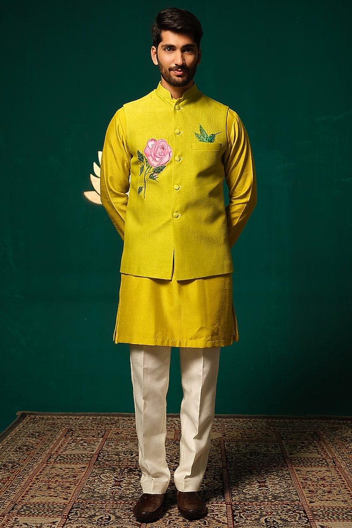Yellow Silk Handpainted & Handwork Nehru Jacket Set by Niloufer by Aasif Ally Men at Pernia's Pop Up Shop