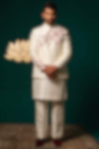 White Silk Handpainted & Handwork Nehru Jacket Set by Niloufer by Aasif Ally Men at Pernia's Pop Up Shop