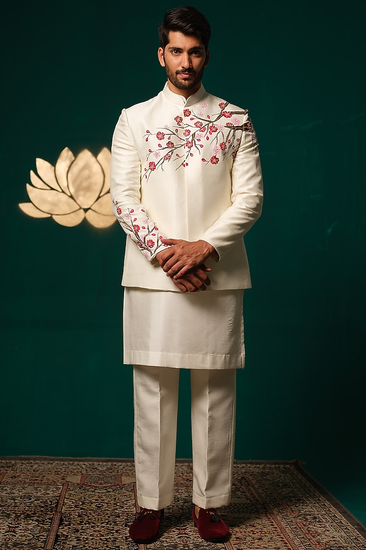 White Silk Handpainted & Handwork Nehru Jacket Set by Niloufer by Aasif Ally Men at Pernia's Pop Up Shop