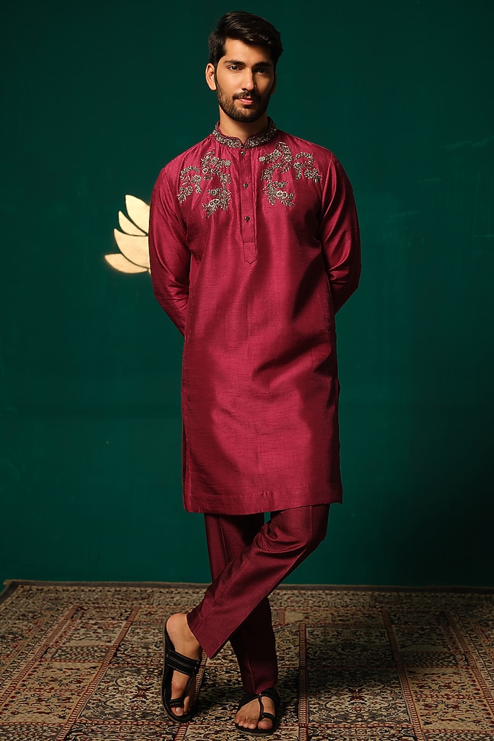 Maroon Silk Zardosi Handwork Kurta Set by Niloufer by Aasif Ally Men at Pernia's Pop Up Shop