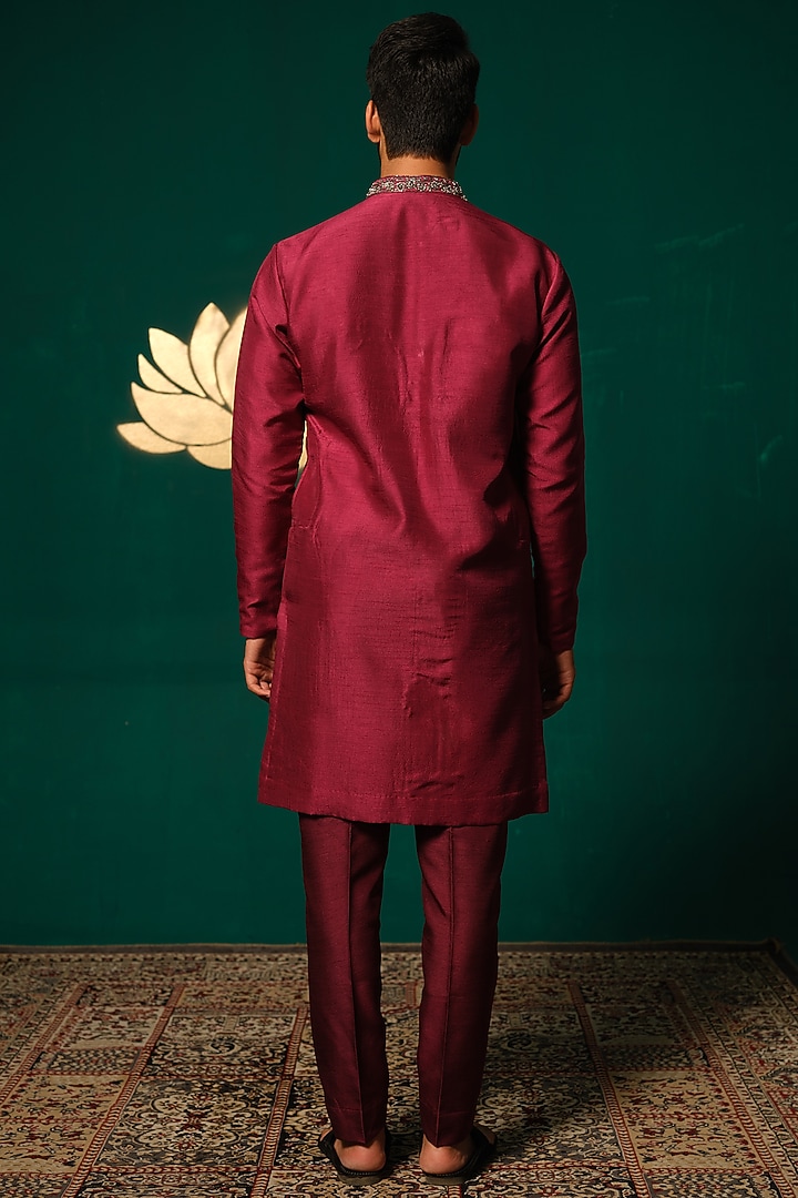 Maroon Silk Zardosi Handwork Kurta Set by Niloufer by Aasif Ally Men at Pernia's Pop Up Shop