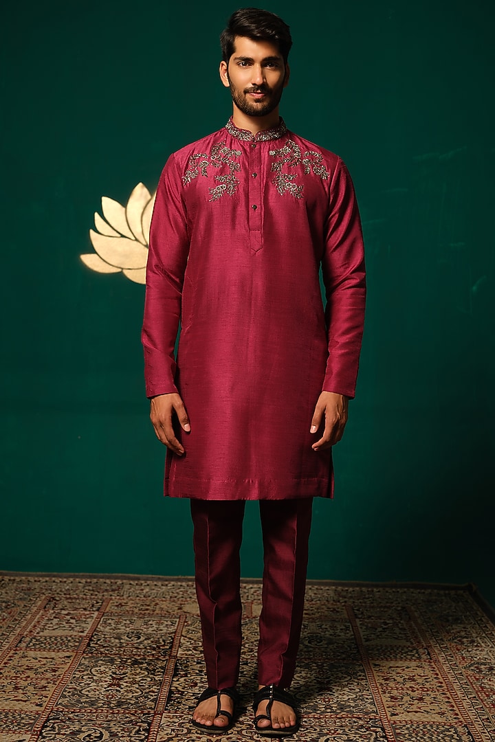 Maroon Silk Zardosi Handwork Kurta Set by Niloufer by Aasif Ally Men at Pernia's Pop Up Shop
