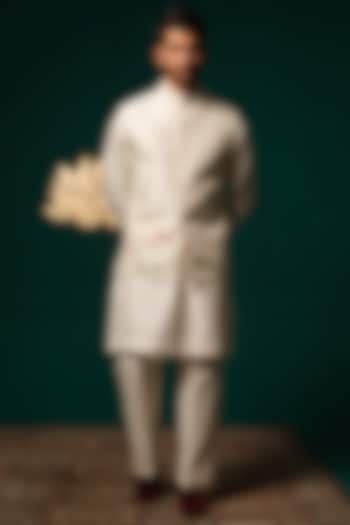 White Silk Handpainted & Handwork Nehru Jacket Set by Niloufer by Aasif Ally Men at Pernia's Pop Up Shop