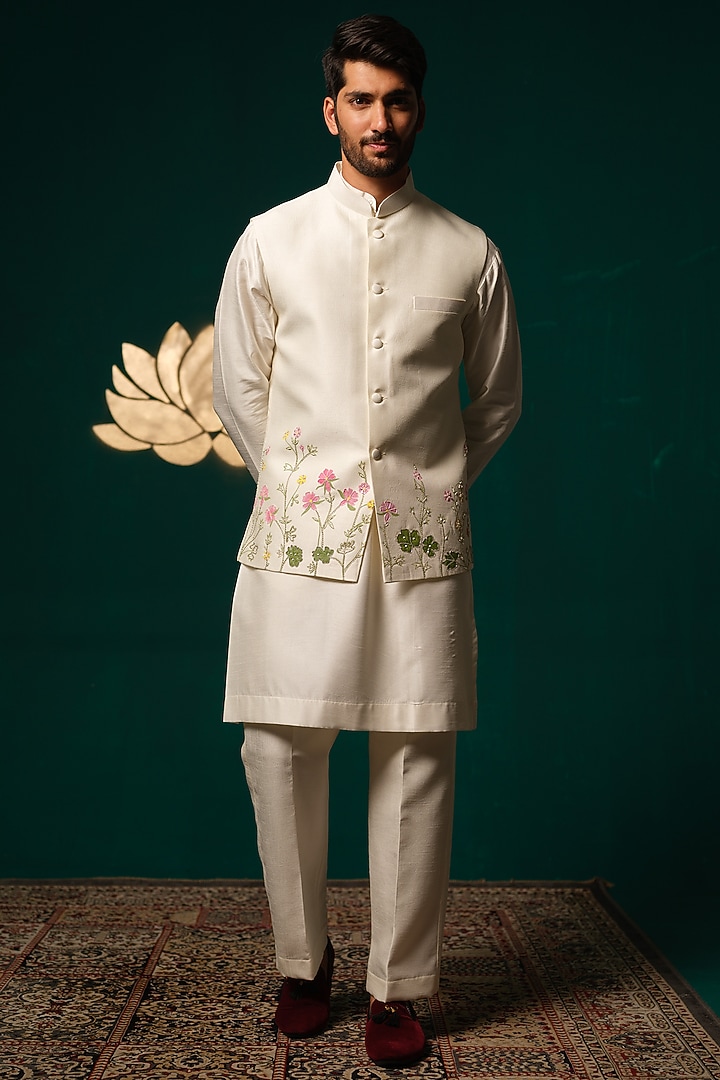 White Silk Handpainted & Handwork Nehru Jacket Set by Niloufer by Aasif Ally Men at Pernia's Pop Up Shop