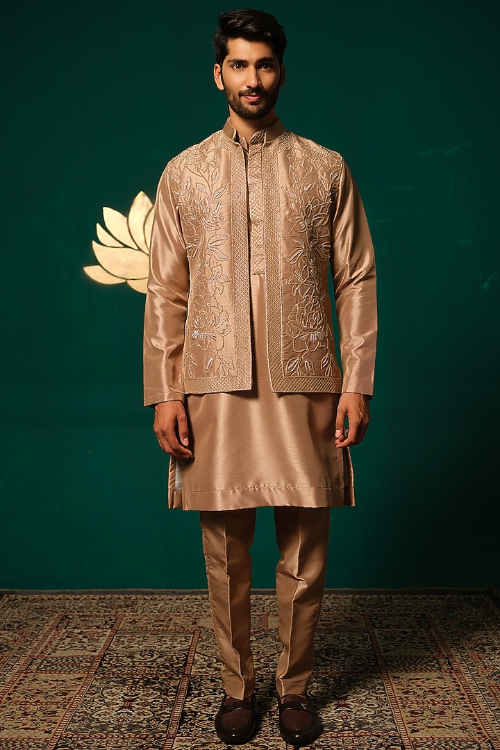 Brown Silk Sequins Hand Work Wedding Indowestern Set by Niloufer by Aasif Ally Men at Pernia's Pop Up Shop