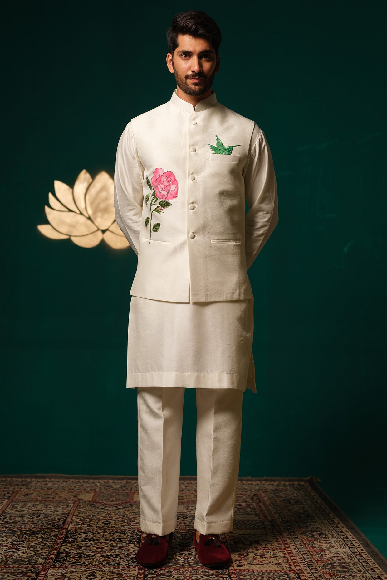 Niloufer by Aasif Ally White Silk Handpainted & Handwork Nehru Jacket Set