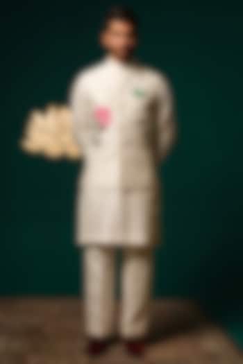 White Silk Handpainted & Handwork Nehru Jacket Set by Niloufer by Aasif Ally Men at Pernia's Pop Up Shop