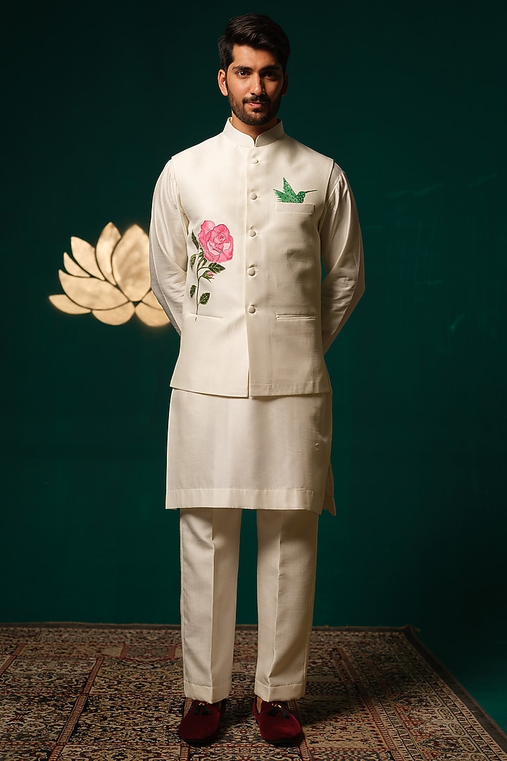 White Silk Handpainted & Handwork Nehru Jacket Set by Niloufer by Aasif Ally Men at Pernia's Pop Up Shop