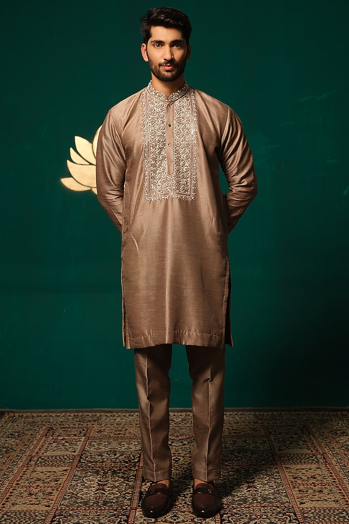 Brown Silk Zardosi Handwork Kurta Set by Niloufer by Aasif Ally Men at Pernia's Pop Up Shop