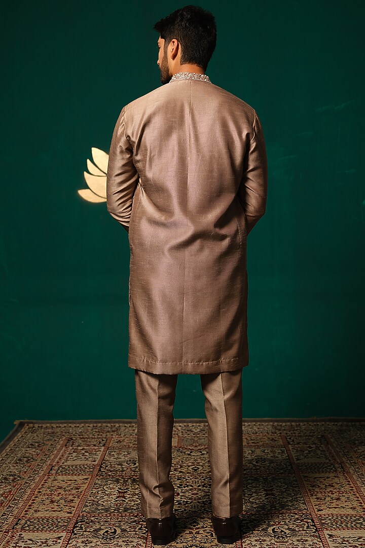 Brown Silk Zardosi Handwork Kurta Set by Niloufer by Aasif Ally Men at Pernia's Pop Up Shop