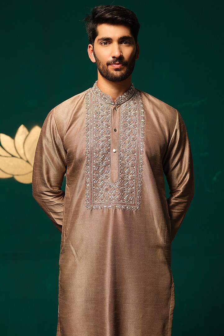 Brown Silk Zardosi Handwork Kurta Set by Niloufer by Aasif Ally Men at Pernia's Pop Up Shop