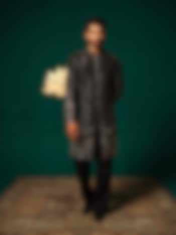 Black Silk Zardosi Hand Work Groom Sherwani Set by Niloufer by Aasif Ally Men at Pernia's Pop Up Shop