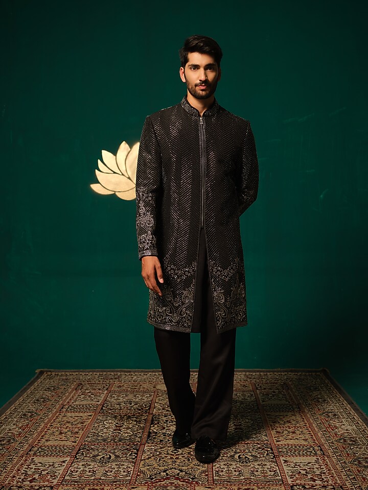 Black Silk Zardosi Hand Work Groom Sherwani Set by Niloufer by Aasif Ally Men at Pernia's Pop Up Shop