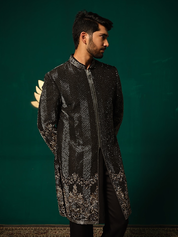 Black Silk Zardosi Hand Work Groom Sherwani Set by Niloufer by Aasif Ally Men at Pernia's Pop Up Shop