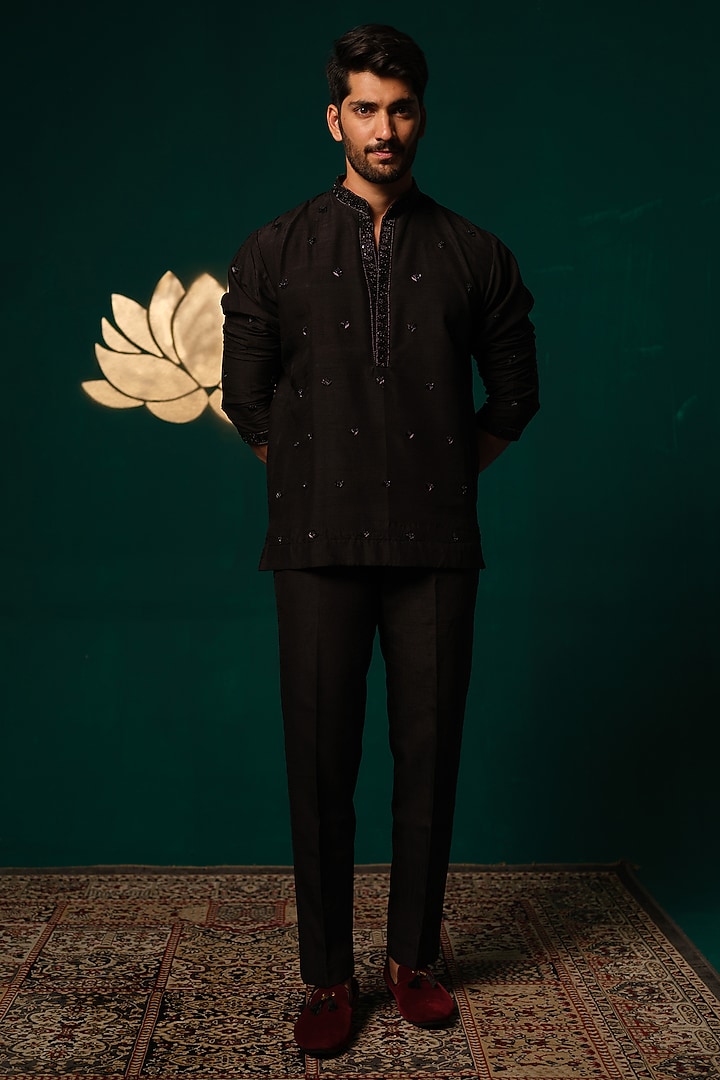 Black Silk Zardosi Handwork Kurta Set by Niloufer by Aasif Ally Men at Pernia's Pop Up Shop