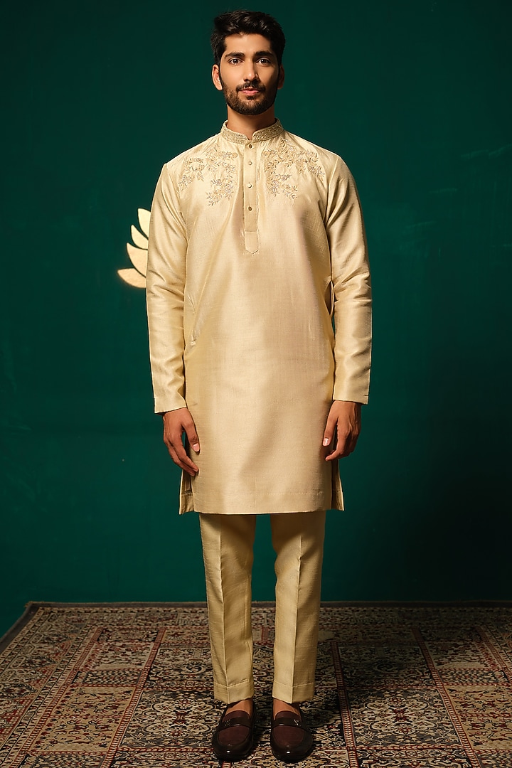 Golden Silk Zardosi Handwork Kurta Set by Niloufer by Aasif Ally Men at Pernia's Pop Up Shop