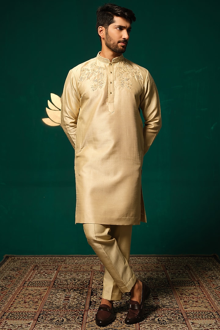 Golden Silk Zardosi Handwork Kurta Set by Niloufer by Aasif Ally Men at Pernia's Pop Up Shop