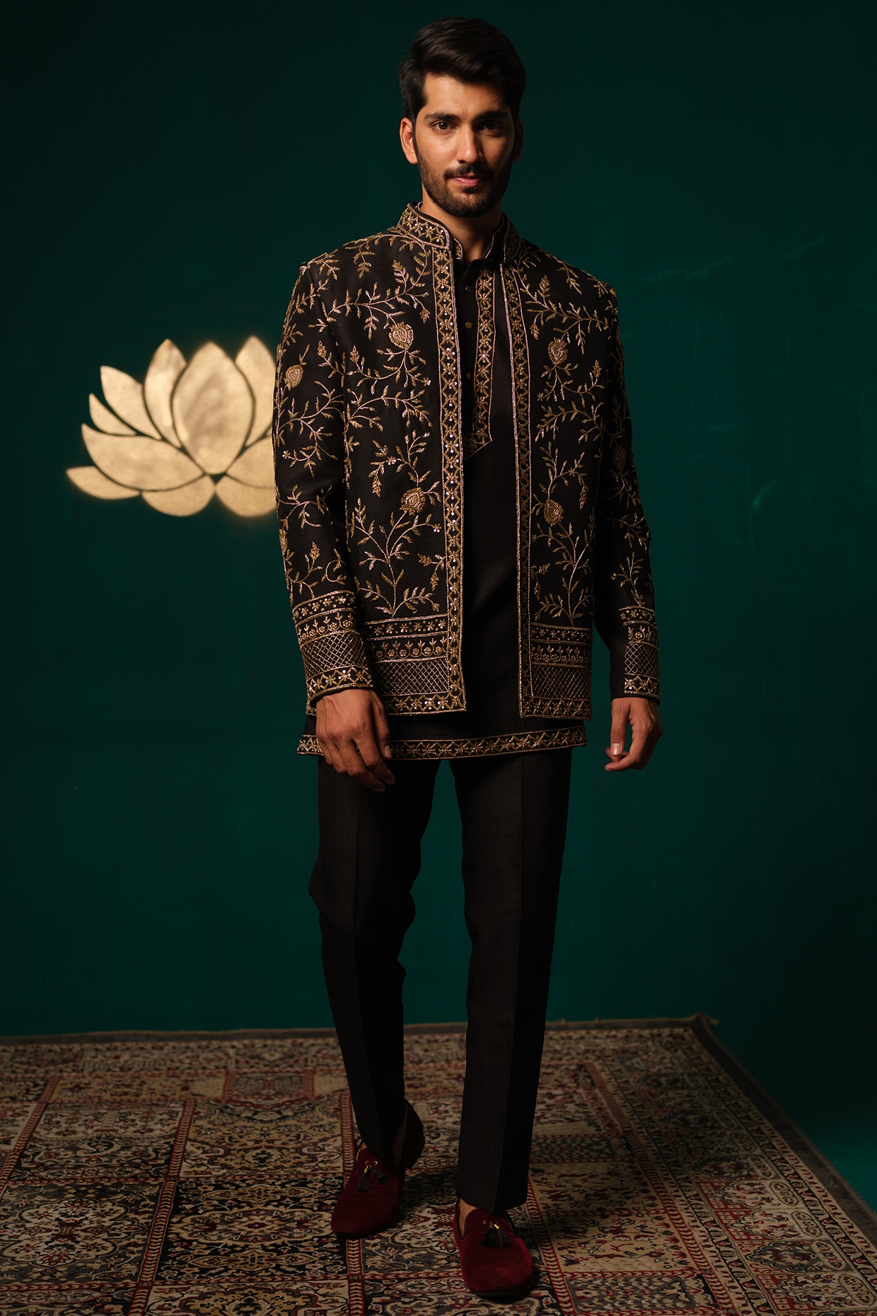 Niloufer by Aasif Ally Black Silk Zardosi Handwork Indowestern Set