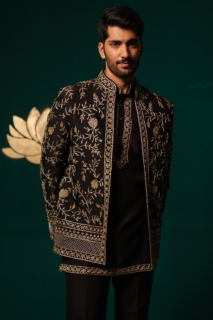 Black Silk Zardosi Handwork Groom Indowestern Set by Niloufer by Aasif Ally Men at Pernia's Pop Up Shop
