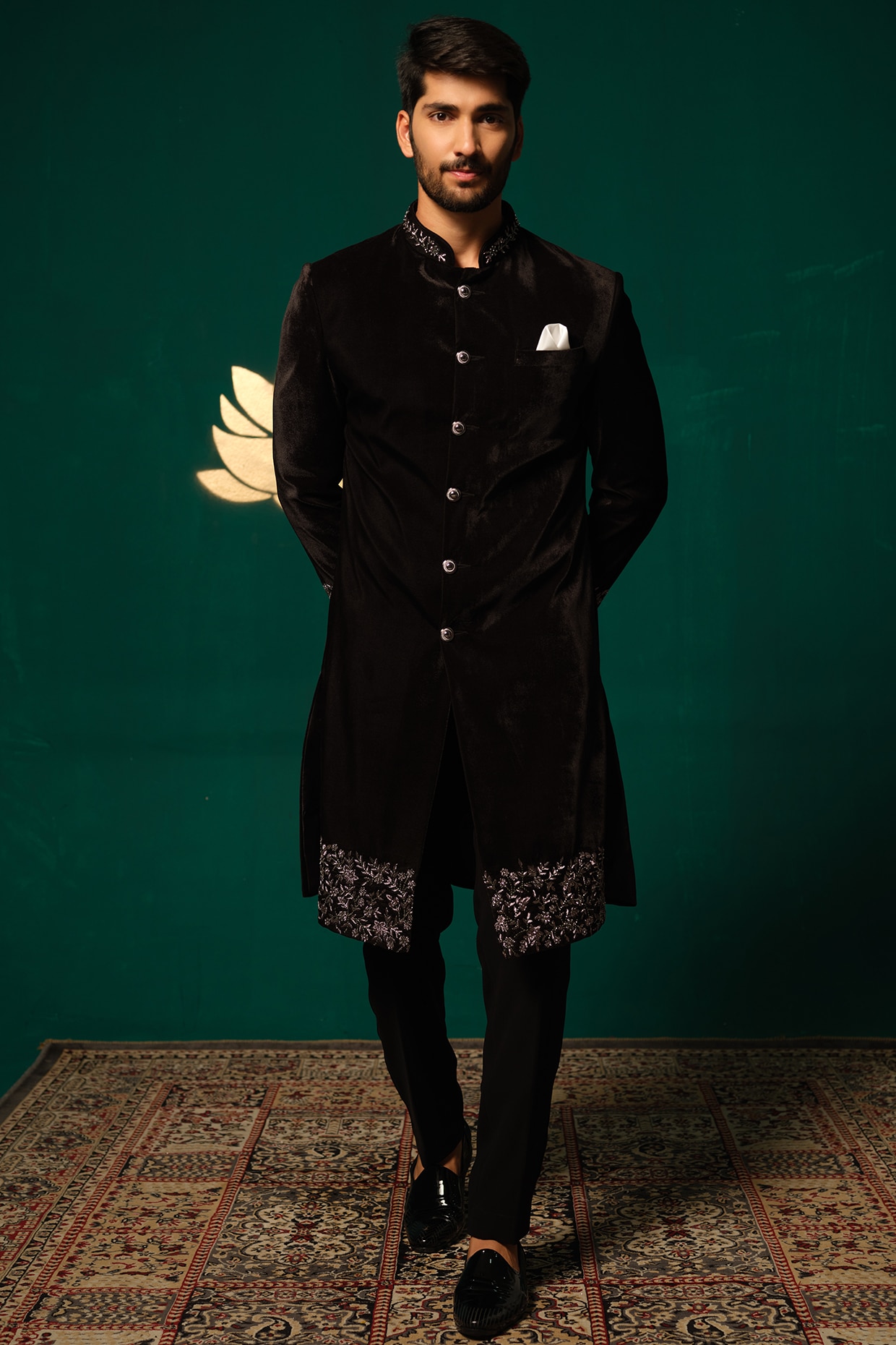 Niloufer by Aasif Ally Black Silk Zardosi Handwork Sherwani Set