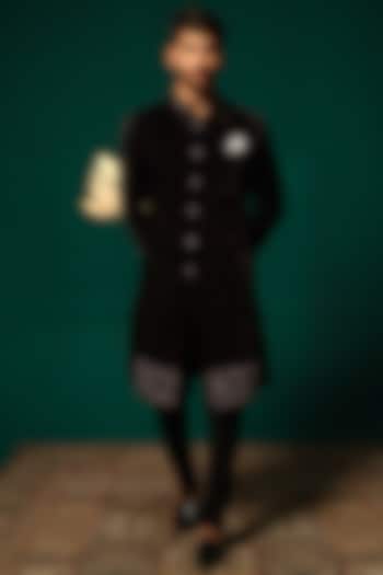 Black Silk Zardosi Handwork Wedding Sherwani Set by Niloufer by Aasif Ally Men at Pernia's Pop Up Shop